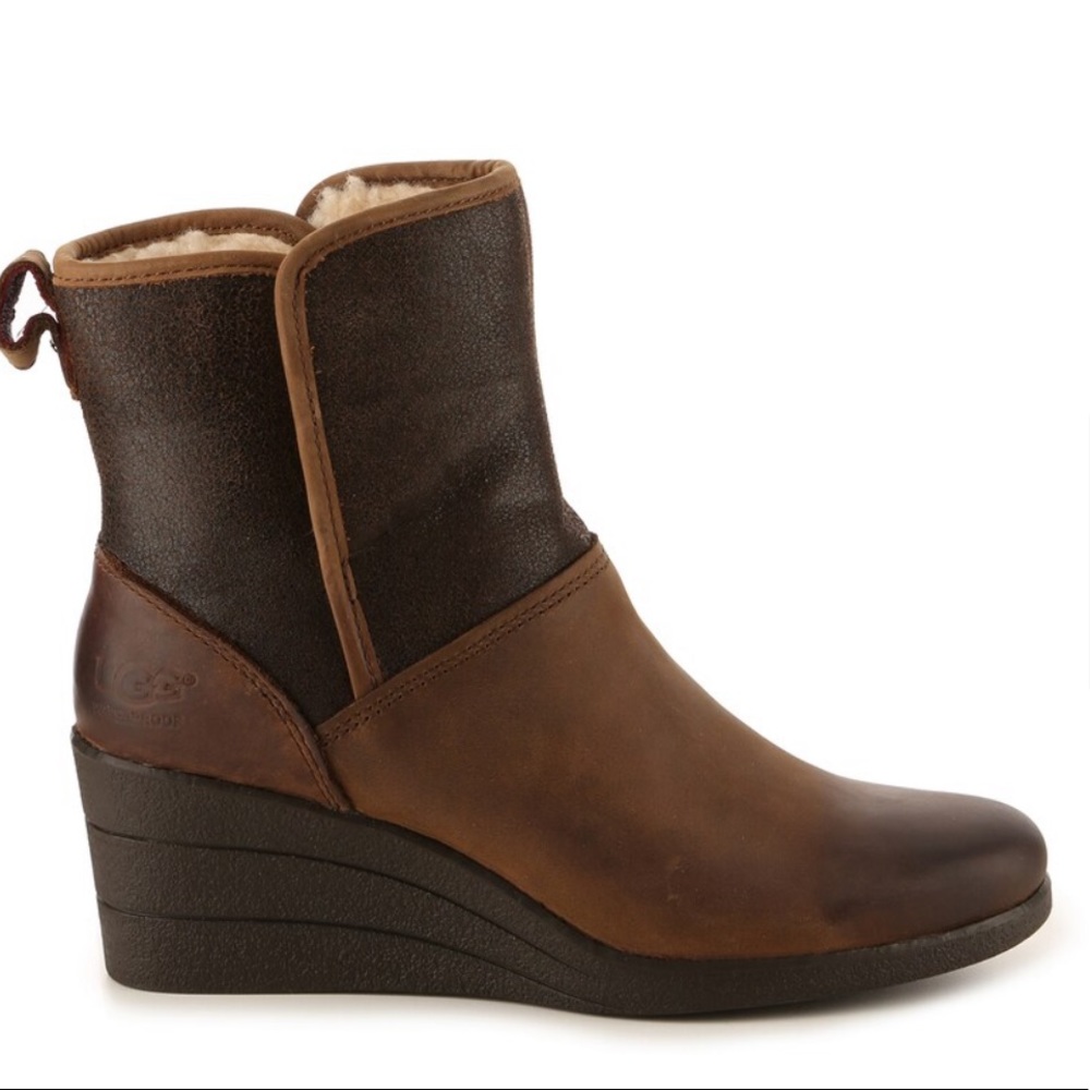 Ugg Renatta Brown Leather Wool Shearling Lined Waterproof Wedge Boots